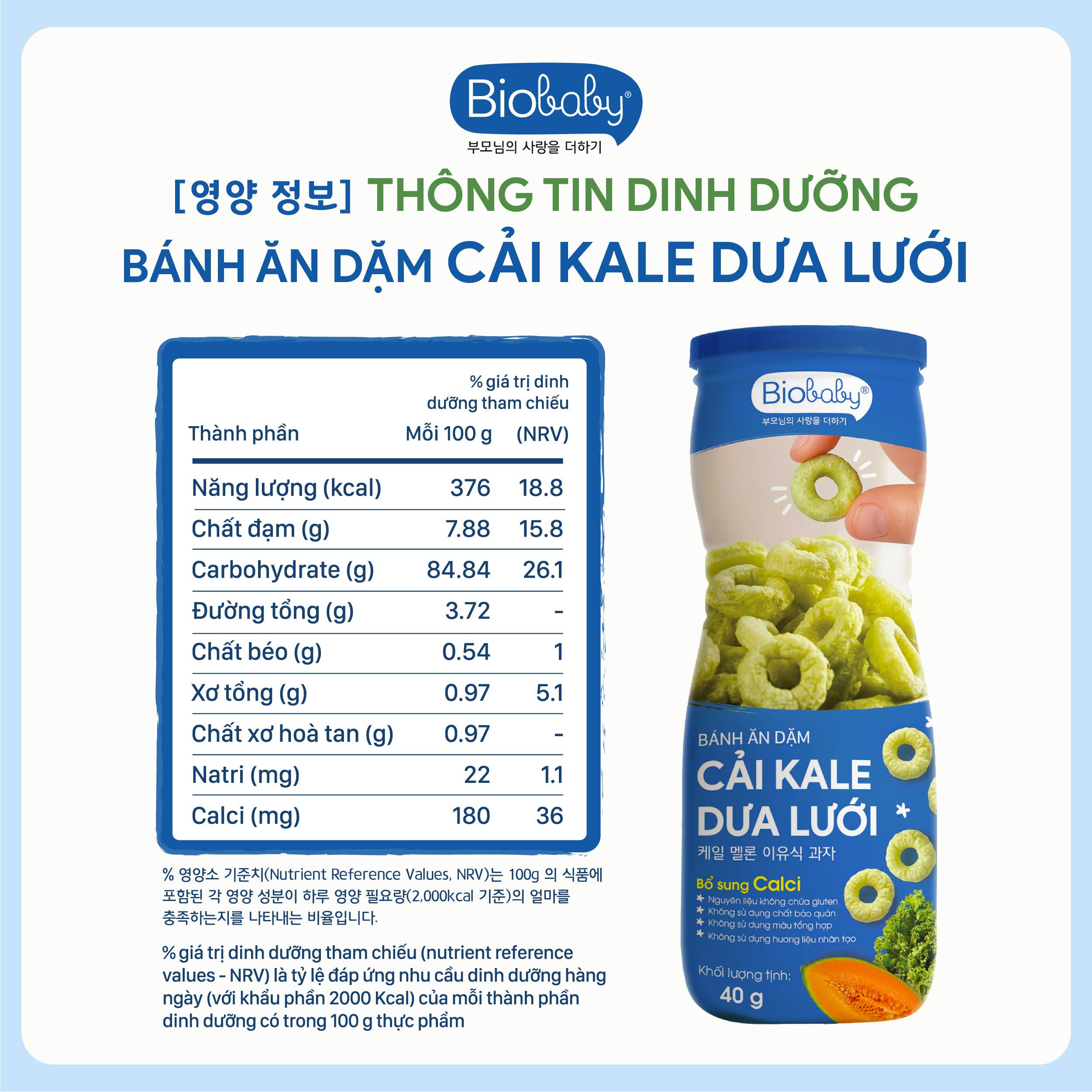 Thong tin dinh duong Banh an dam Biobaby Cai Kale Dua luoi Thông tin dinh dưỡng Bánh ăn dặm Biobaby Cải Kale & Dưa lưới