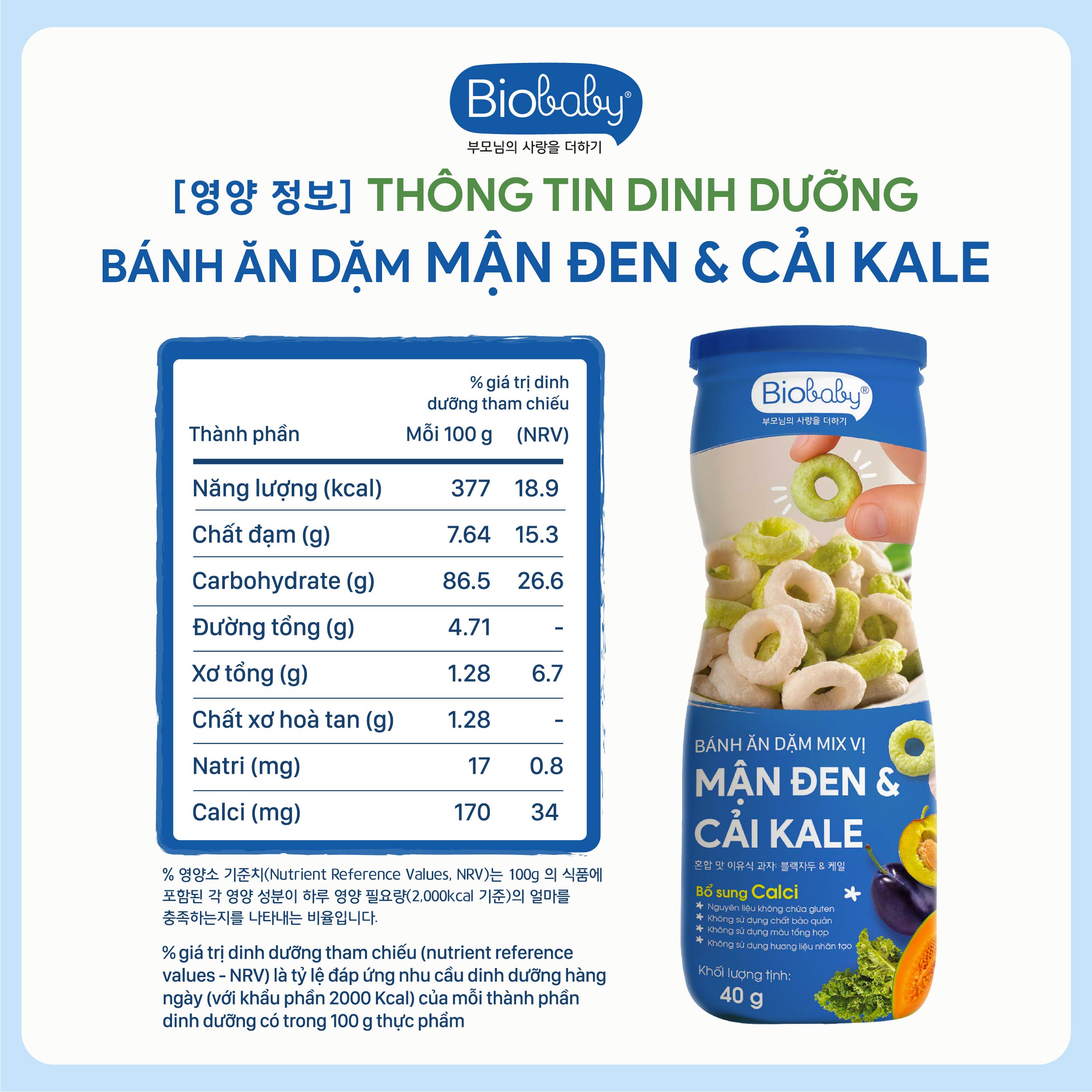Thong tin dinh duong banh an dam Biobaby vi Man den Cai Kale Thông tin dinh dưỡng bánh ăn dặm Biobaby vị Mận đen & Cải Kale